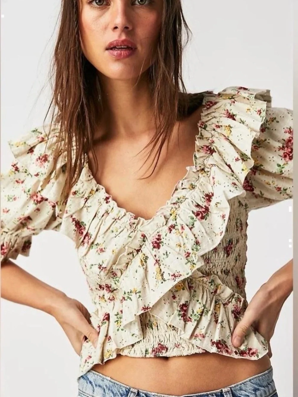 Free People favorite girl Cream Floral Ruffle Smocked crop Top medium cotton